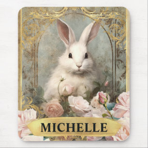 Aquarell-Vintage-Weißes Kaninchen und rosa Rosen Mousepad