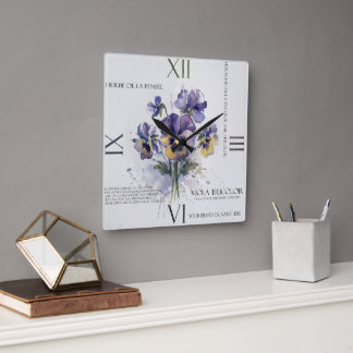 Aquarell-Viola-Tricolor-Stiefmütterchen Quadratische Wanduhr