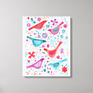 Aquarell-Vögel in einem Blumengarten-Gemälde Leinwanddruck