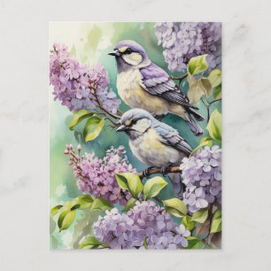 Aquarell-Vögel mit blühenden Fliederblumen Postkarte