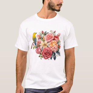 Aquarell-Vogel und rosa Blumen T-Shirt