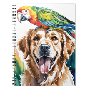 Aquarell von Ara und Golden Retriever Notizblock