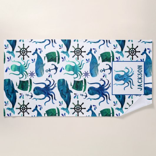 Aquarell-Wal-Kraken-Muster scherzt See Strandtuch (Vorderseite)