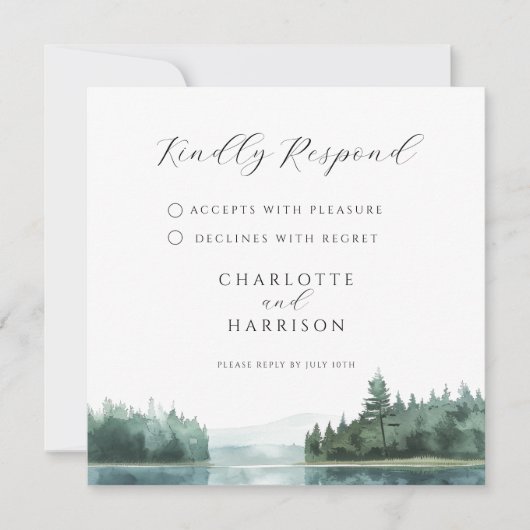 Aquarell-Wald-Bergsee-Hochzeit-RSVP (Vorderseite)