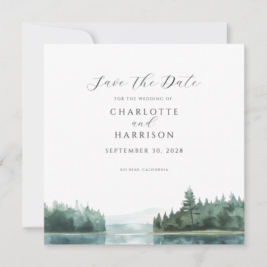 Aquarell Wald Bergsee Save the Date Einladung (Vorderseite)