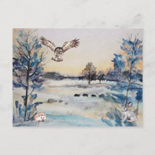 Aquarell Wald Eule Kaninchen Winterlandschaft Postkarte