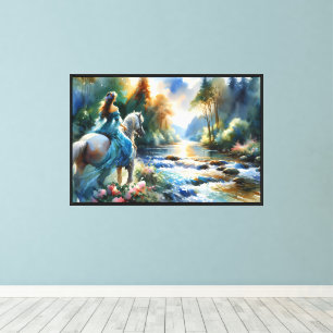 Aquarell-Wald-Fluss-Reiterin-Traumlandschaft Leinwanddruck
