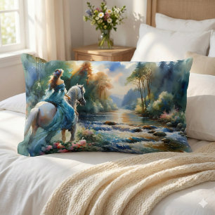 Aquarell Wald Fluss Reiterin Traumlandschaft Lendenkissen