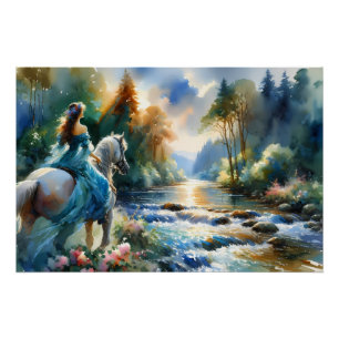 Aquarell-Wald-Fluss-Reiterin-Traumlandschaft Poster