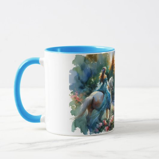Aquarell-Wald-Fluss-Reiterin-Traumlandschaft Tasse (Links)