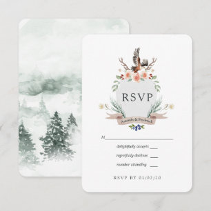 Aquarell-Wald-Lorbeer-Wappen-Hochzeit RSVP Karte