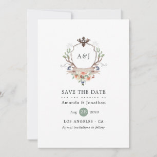 Aquarell-Wald-Lorbeer-Wappen-Monogramm-Hochzeit Save The Date