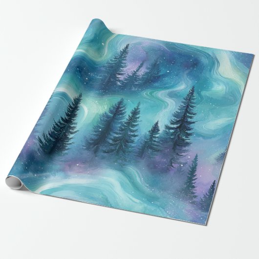 Aquarell-Wald mit Aurora Borealis Geschenkpapier (Ungerollt)