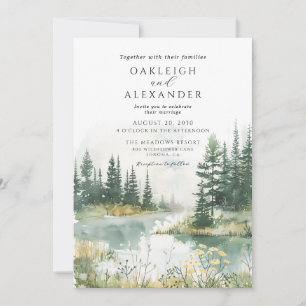 Aquarell-Wald-See-Wildblumen-Hochzeit Einladung