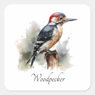Aquarell-Wald-Specht, individuell Quadratischer Aufkleber