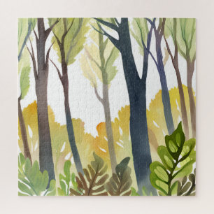 Aquarell-Wälder   Grüne Natur-Waldmalerei Puzzle