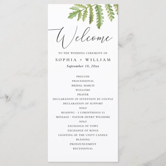 Aquarell-Waldgrünschrift-Hochzeit Programm (Vorderseite)