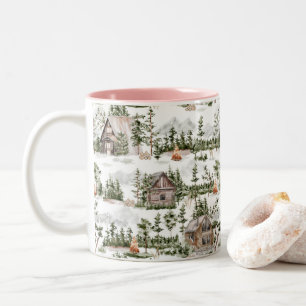 Aquarell-Waldhütte-Muster Zweifarbige Tasse
