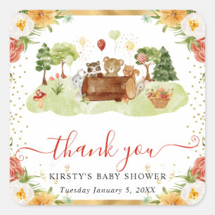 Aquarell-Waldtiere-Baby-Party Quadratischer Aufkleber