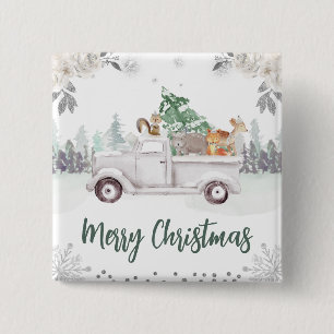 Aquarell-Waldtiere-Blumen-Weihnachten Button