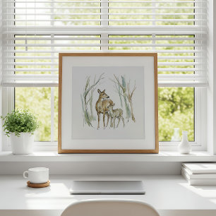 Aquarell-Wandkunst mit Hirsch und Hirschkalb Poster