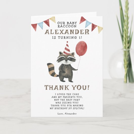 Aquarell-Waschbär 1. Geburtstag  Dankeskarte (Vorderseite)