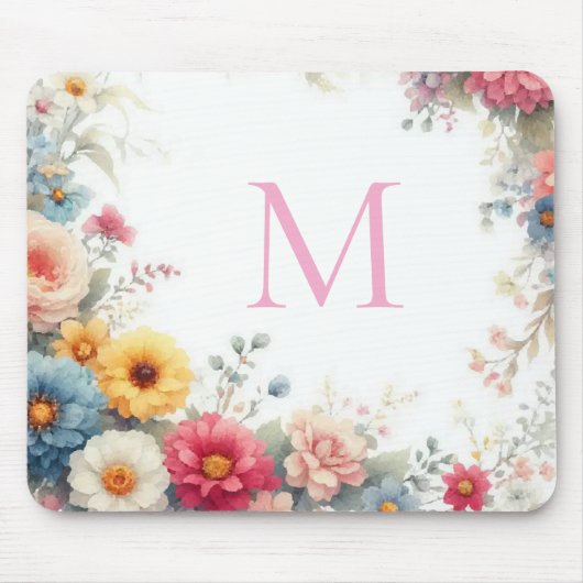 Aquarell-Wasserfarbe-Blumen-Schablone Monogramm Mousepad (Vorne)