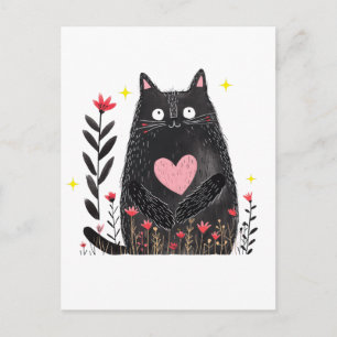 Aquarell-Wasserfarben-Dickes-schwarzes-Katze-mit-r Postkarte