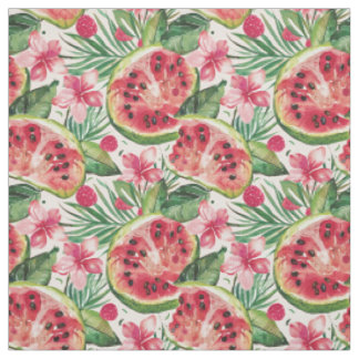 Aquarell-Wassermelone- und Tropische-Blumen-Muster Stoff