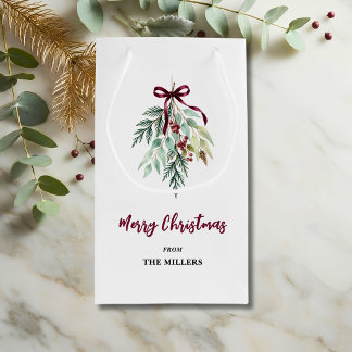 Aquarell Weihnachten Burgunder Grünpflanzen Kleine Geschenktüte