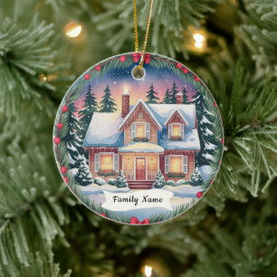 Aquarell-Weihnachten Personalisiertes Familienhaus Keramik Ornament