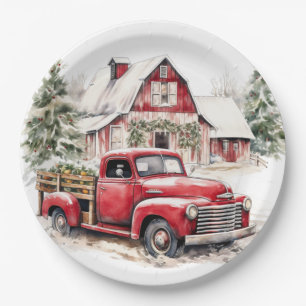 Aquarell-Weihnachten Vintage-LKW und Scheune Pappteller