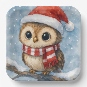 Aquarell-Weihnachts-Eule in Schneeflocken Pappteller