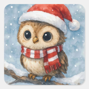 Aquarell-Weihnachts-Eule in Schneeflocken Quadratischer Aufkleber