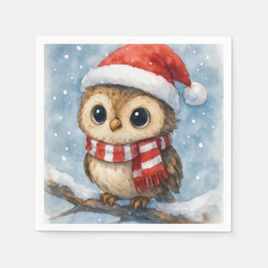 Aquarell-Weihnachts-Eule in Schneeflocken Serviette (Vorderseite)
