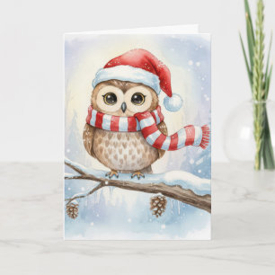 Aquarell-Weihnachts-Eule mit Santa-Hut Karte