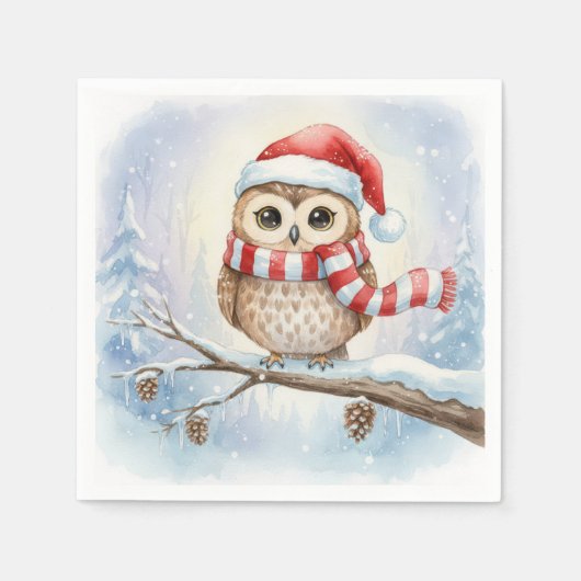 Aquarell-Weihnachts-Eule mit Santa-Hut Serviette (Vorderseite)