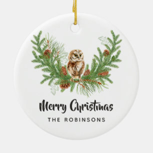 Aquarell-Weihnachts-Eulen-Familienfoto Keramik Ornament