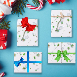 Aquarell-Weihnachts-Golfschläger und Tennisschläge Geschenkpapier Set