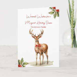 Aquarell-Weihnachts-Hirsch und Stechpalme Feiertagskarte