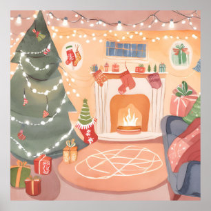 Aquarell-Weihnachts-Kamin Poster