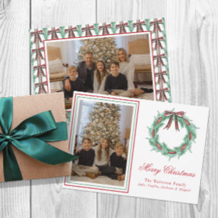 Aquarell-Weihnachts-Karo-Schleifen-Kranz-Foto Feiertagskarte