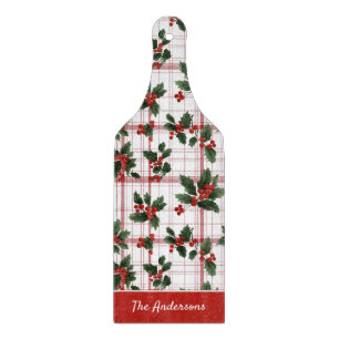 Aquarell-Weihnachts-Karo-Stechpalmen-Beeren-Famili Schneidebrett