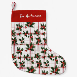 Aquarell-Weihnachts-Karo-Stechpalmen-Beeren-Name Kleiner Weihnachtsstrumpf