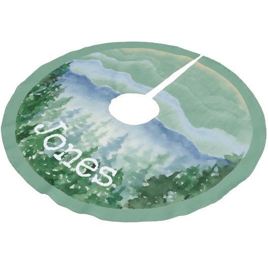 Aquarell-Weihnachts-Kiefern-Monogramm-Name  Polyester Weihnachtsbaumdecke (Schrägansicht)