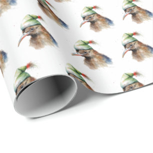 Aquarell-Weihnachts-Kiwi-Vogel mit grüner Elfenmüt Geschenkpapier
