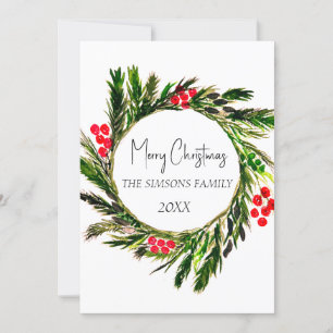 Aquarell-Weihnachts-Kranz Wintergrün Feiertagskarte