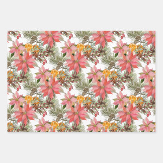 Aquarell-Weihnachts-Poinsettien-Blumen & Orange Geschenkpapier Set