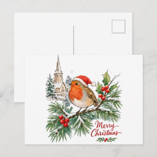 Aquarell-Weihnachts-Rotkehlchen mit Stechpalme und Postkarte