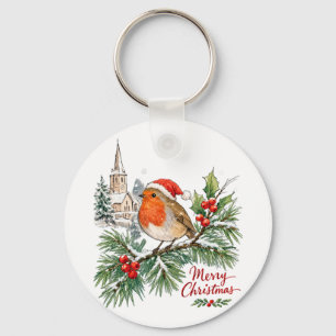 Aquarell-Weihnachts-Rotkehlchen mit Stechpalme und Schlüsselanhänger